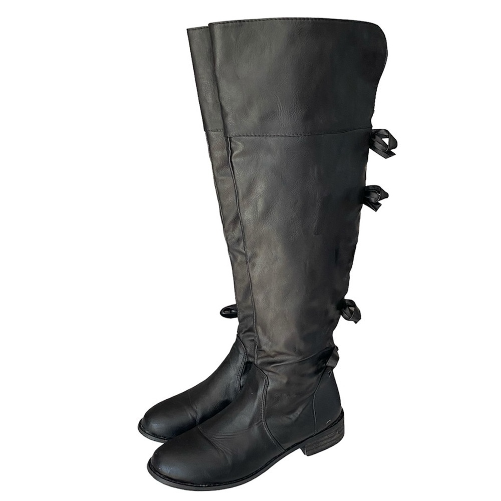 A.X.N.Y. Knee High Boots Bow Back Black Vegan Leather Women Size 7 - Picture 3 of 14